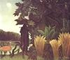  
Zaklinaj�ca w�e 
1907,  169 x 189,5 cm 
olej na p��tnie 
Mus�e d'Orsay, ParisO dziele:
Kiedy spojrzymy na Kobiet� Zaklinaj�c� W�e nad Jeziorem, kt�rego brzegi potrafi� przypomina� nam zawsze wszystko - zauwa�ymy niesamowit� palet� g��bokich zieleni, ca�e to rozpisanie na g�osy wielkiej ulistnionej wszechbujno�ci �ycia; dostrze�emy posta� nieznanej kobiety graj�cej na wypr�onym instrumencie do czarowania, prawie czarn� na tle o�lepiaj�cego, bia�ego nieba; zobaczymy gorej�ce z�ote kraw�dzie li�ci i pe�n� kusz�cego wyginania cich� gr� mi�osn� wielu w�y i ga��zi: dostrze�emy te� obserwuj�ce nas uwa�nie r�owe flamingi o szyjach zwinnych i ciep�ych, jak d�onie pi�knej nimfy. 
Ona wtedy czaruje i zaklina ca�e nasze �ycie: jest naga, m�oda i pi�kna, a jej sk�ra jest od s�o�ca g�adka i ciep�a - w cieniu ona pob�yskuje niczym obietnica wiernego bycia zawsze; dziwnie blisko brzmi te� t�skna pie�� fletu w jej ustach i przez chwil� przypomina nam g�os Pana, albo nawet ostatnie odchodz�ce tony stygn�cego Starego Fauna, rogatego Minotaura. Ale to tylko z�udzenie: oczy kobiety s� szeroko otwarte, b�yszcz� twardo w mroku niczym oczy wielkiego dzikiego kota, bestii u�miechaj�cej si� do swej ofiary w samym �rodku tropikalnej burzy - one r�wnie ju� ch�tnie przebudzaj� si� w�a�nie do czynu i z�by bielej� w ciemno�ci jak podniesiona krata w upragnionej bramie do samego szcz�cia.. Czy s�ysza�e� kiedykolwiek d�wi�k, jaki wydaj� ostrobia�e z�by samicy tygrysa spotykaj�ce si� nami�tnie z twoimi? Dr��cymi z�bami zakochanego byka antylopy ?

Na motywach wnikliwej obserwacji Toma Lubbock’a z lutego 2006 roku, dziewi��dziesi�t dziewi�� lat po tamtym zaklinaniu.


