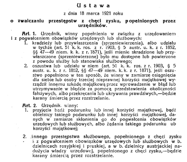 Fragment Ustawy z dnia 18 marca 1921 r. o zwalczaniu przestępstw z chęci zysku, popełnionych przez urzędników