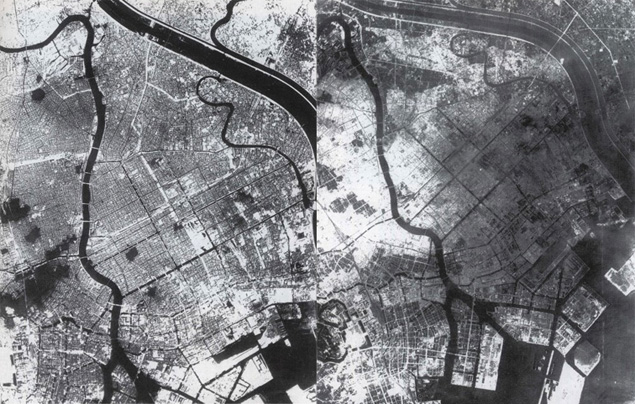 Zdjęcia lotnicze ukazujące Tokio przed bombardowaniem (z lewej) i po nalocie dywanowym z 10 marca 1945 r.